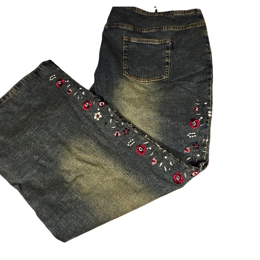 Vintage Floral Embroidered Wide Leg Jeans Sandblasted Dark Wash Denim 20W - Picture 7 of 11